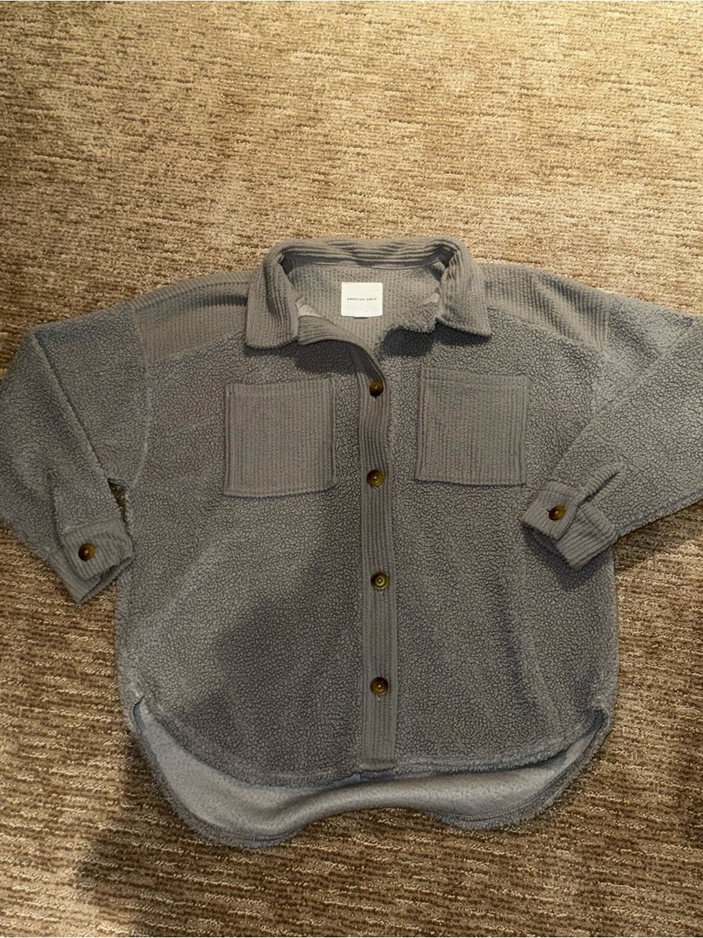American Eagle Gray Ribbed Sherpa Pullover